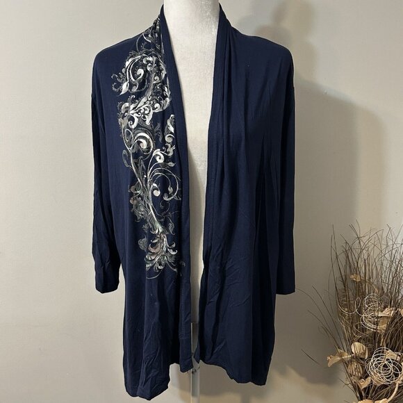 B.L.E.U. Women Knit Cardigan Blue Drape Open Front Silver Paisley 3/4 Sleeve 2X - Picture 1 of 8
